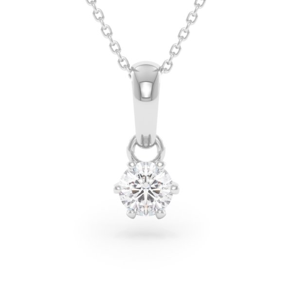     A 0.50 carat GIA certified six-prong diamond pendant in white gold with its chain, front view, isolated on a white background