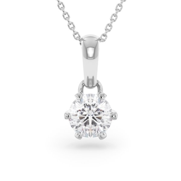     A 1.00 carat GIA certified six-prong diamond pendant in white gold with its chain, front view, isolated on a white background