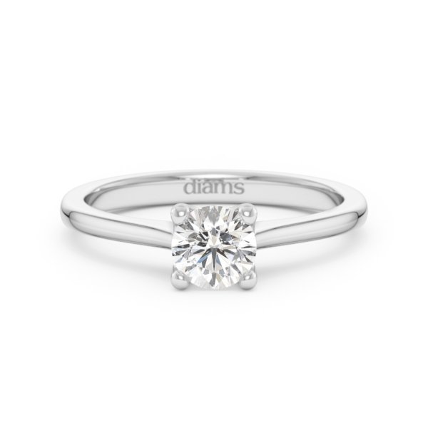     A 0.50 carat diamond four-prong solitaire ring in white gold, front view, isolated on a white background