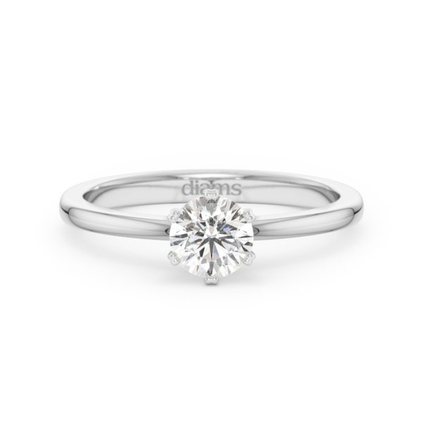     A 0.50 carat diamond six-prong solitaire ring in white gold, front view, isolated on a white background