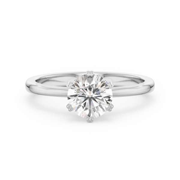     A 1.00 carat GIA certified diamond six-prong solitaire ring in white gold, front view, isolated on a white background