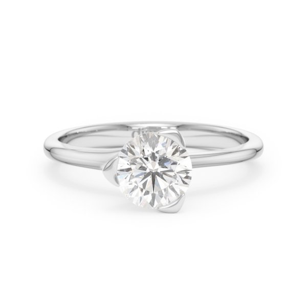     A Pyramide diamond solitaire ring set with a 1.00 carat GIA certified round brilliant cut diamond in white gold, front view, isolated on a white background