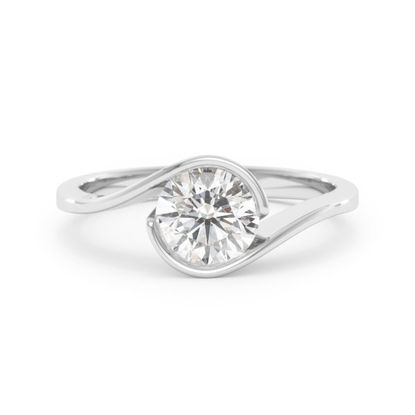     A Yin Yang diamond solitaire ring set with a 1.00 carat GIA certified round brilliant cut diamond in white gold, front view, isolated on a white background