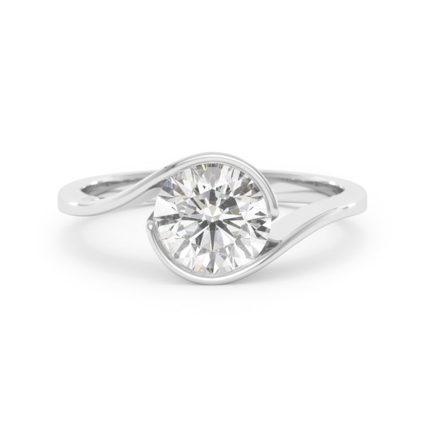     A Yin Yang diamond solitaire ring set with a 1.50 carat GIA certified round brilliant cut diamond in white gold, front view, isolated on a white background