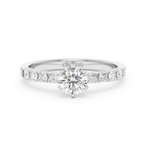     A Blanche-Neige diamond solitaire ring set with a 0.50 carat GIA certified round brilliant cut diamond in white gold, front view, isolated on a white background