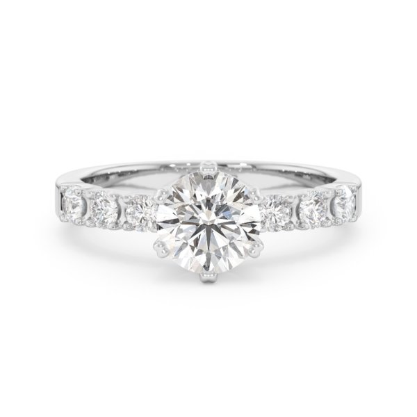     A Blanche-Neige diamond solitaire ring set with a 1.00 carat GIA certified round brilliant cut diamond in white gold, front view, isolated on a white background