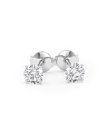     A pair of four-prong diamond stud earrings with two 0.50 carat GIA certified diamonds each, total 1.00 carat, in white gold, front view, isolated on a white background