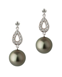 Boucles d'oreilles gouttes perle noire de Tahiti or gris et diamants