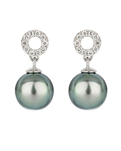 Boucles d'oreilles rondes perle noire de Tahiti or gris et diamants