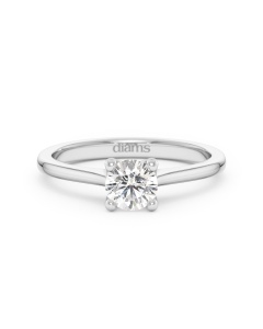     A 0.50 carat diamond four-prong solitaire ring in white gold, front view, isolated on a white background