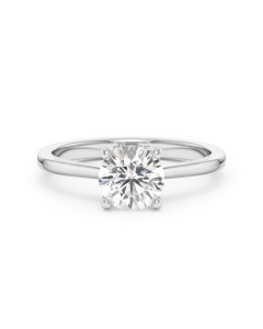     A 1.00 carat diamond four-prong solitaire ring in white gold, front view, isolated on a white background