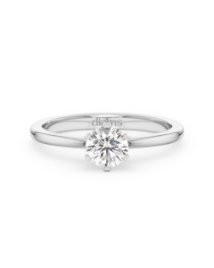     A 0.50 carat diamond six-prong solitaire ring in white gold, front view, isolated on a white background