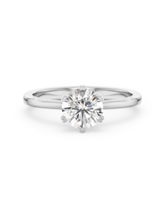     A 1.00 carat GIA certified diamond six-prong solitaire ring in white gold, front view, isolated on a white background
