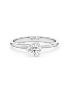     A Pyramide diamond solitaire ring set with a 0.50 carat GIA certified round brilliant cut diamond in white gold, front view, isolated on a white background