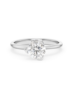     A Pyramide diamond solitaire ring set with a 1.00 carat GIA certified round brilliant cut diamond in white gold, front view, isolated on a white background