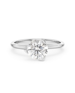     A Pyramide diamond solitaire ring set with a 1.50 carat GIA certified round brilliant cut diamond in white gold, front view, isolated on a white background