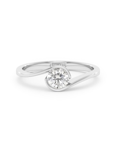     A Yin Yang diamond solitaire ring set with a 0.50 carat GIA certified round brilliant cut diamond in white gold, front view, isolated on a white background