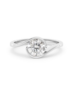     A Yin Yang diamond solitaire ring set with a 1.00 carat GIA certified round brilliant cut diamond in white gold, front view, isolated on a white background