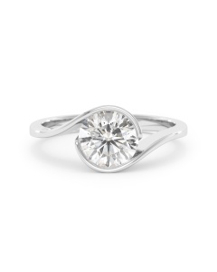     A Yin Yang diamond solitaire ring set with a 1.50 carat GIA certified round brilliant cut diamond in white gold, front view, isolated on a white background