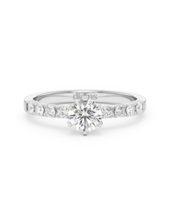     A Blanche-Neige diamond solitaire ring set with a 0.50 carat GIA certified round brilliant cut diamond in white gold, front view, isolated on a white background