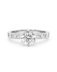     A Blanche-Neige diamond solitaire ring set with a 1.00 carat GIA certified round brilliant cut diamond in white gold, front view, isolated on a white background